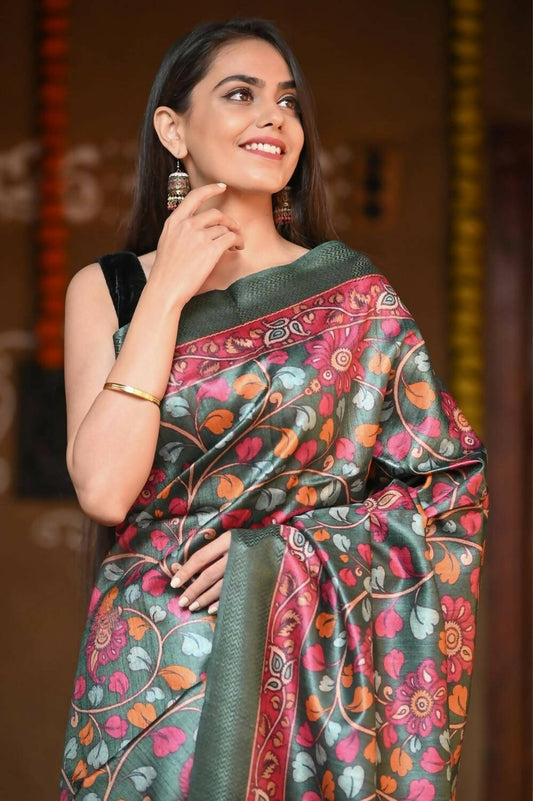 Very Much Indian Handloom Pure Tussar Silk With Floral Prints - Green - Grab2buy