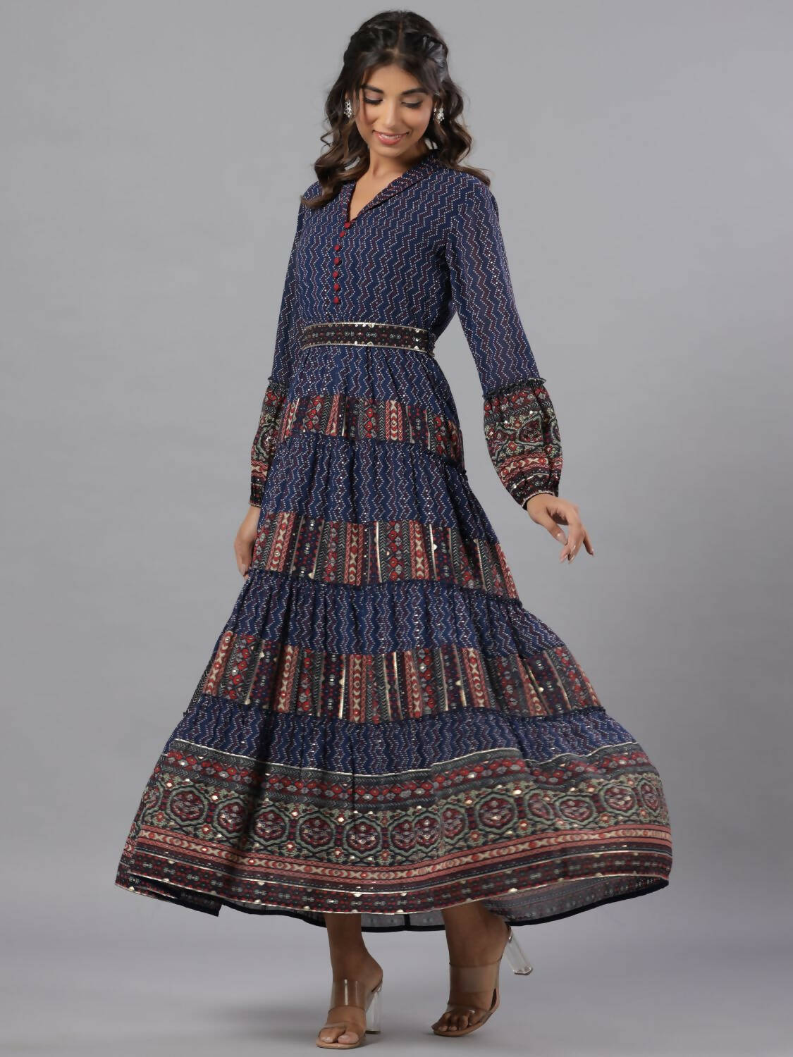 Juniper Women Navy Blue Georgette Printed Tiered Maxi Dress