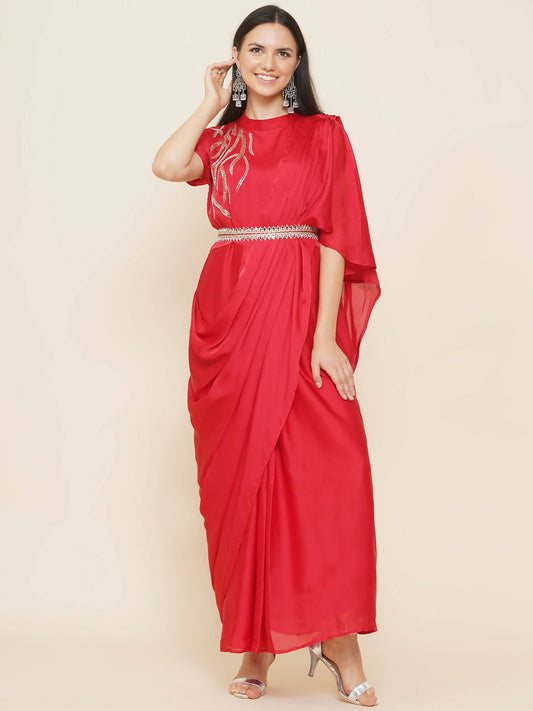 Women Republic Red Hand Embelleshed Gown With Drape - Grab2buy
