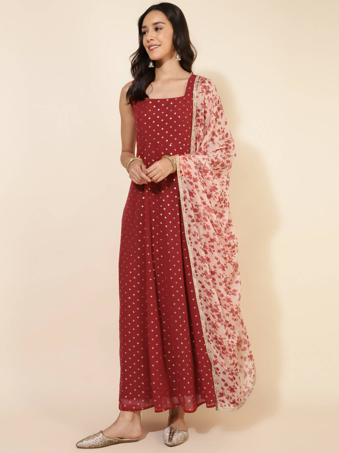Janasya Women's Red Georgette Foil Printed Festive Anarkali Kurta Set 