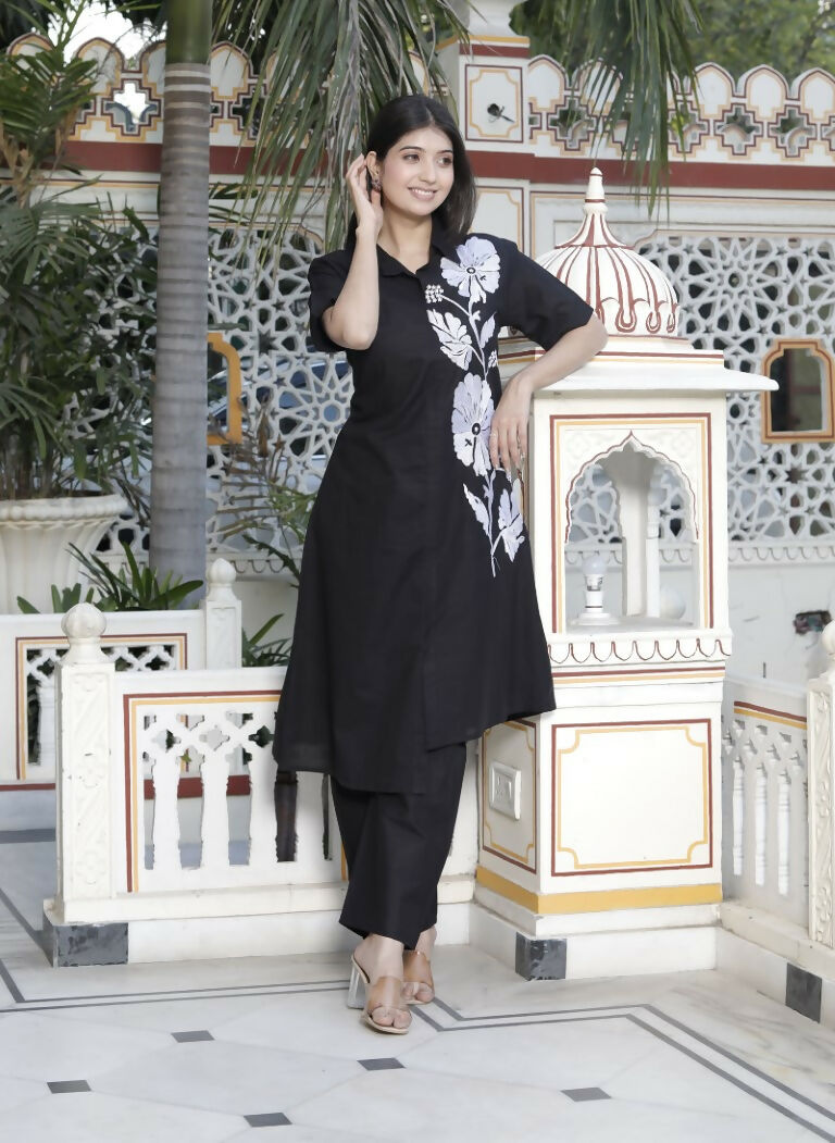 Miravan Women's Black Pure Cotton Floral Embroidered High Low Co-Ord Set 