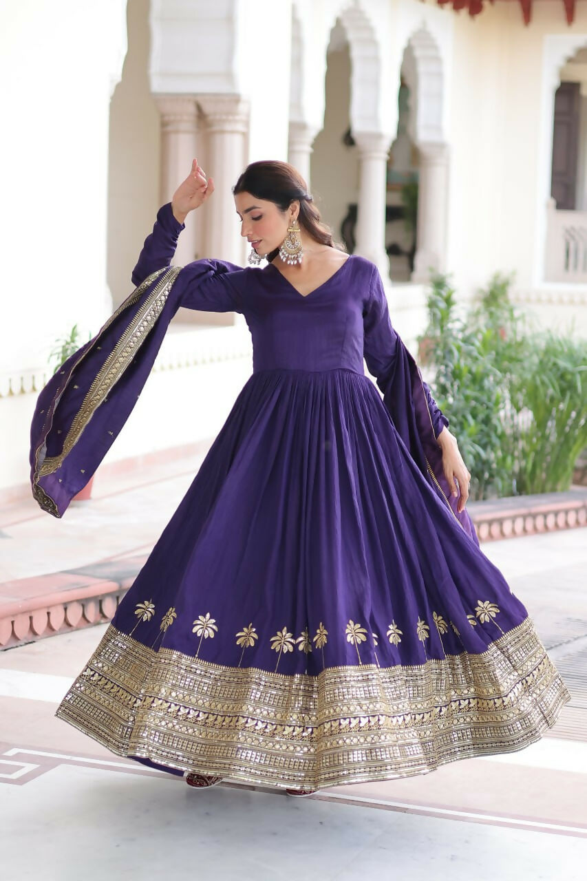 Teeya Creation Womens New Fancy Vichitra Silk With Rich Sequins Embroidered Work Gown Set
