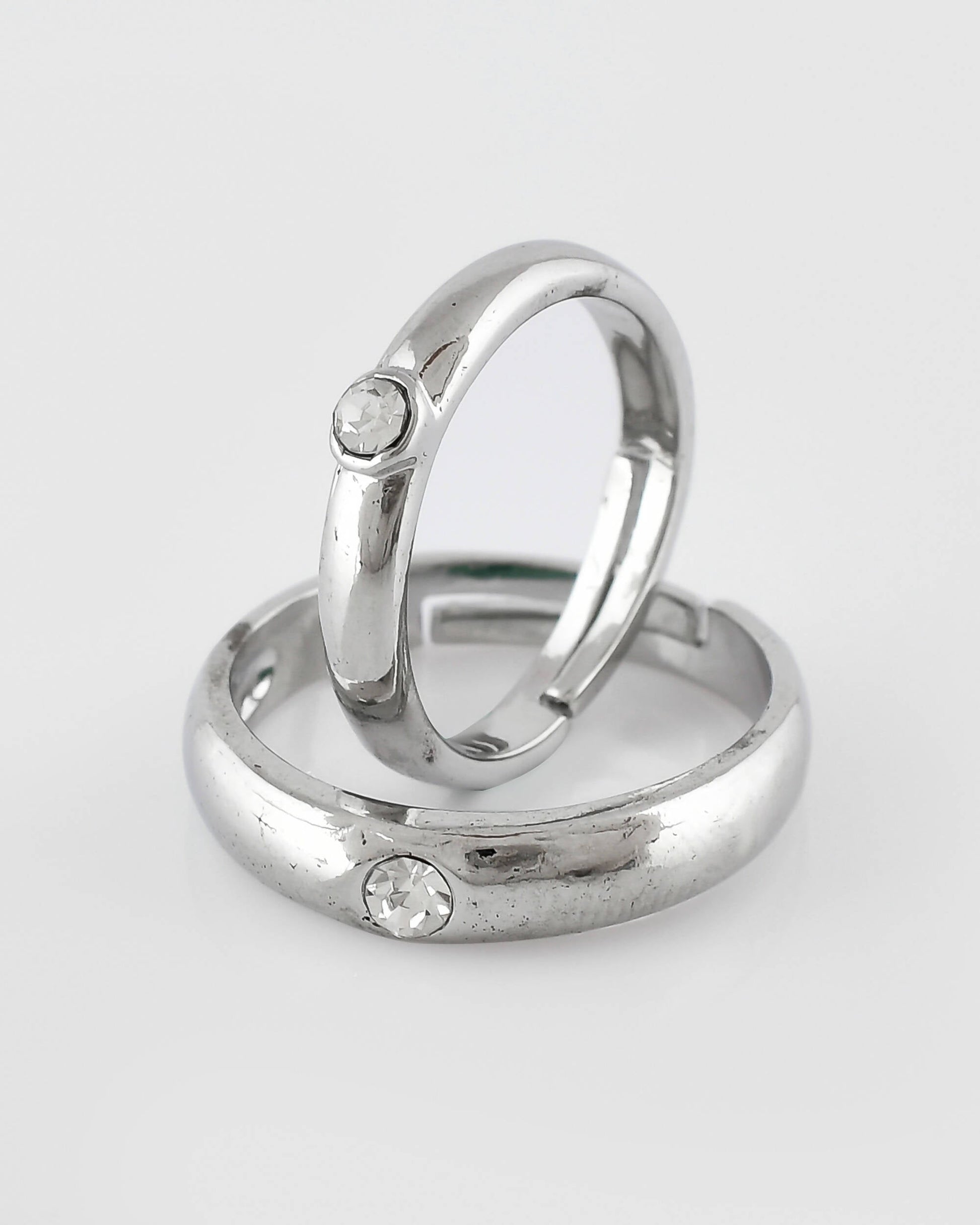 VOJ Stainless Steel Cubic Zirconia Silver Plated Adjustable Ring Set for Couple 