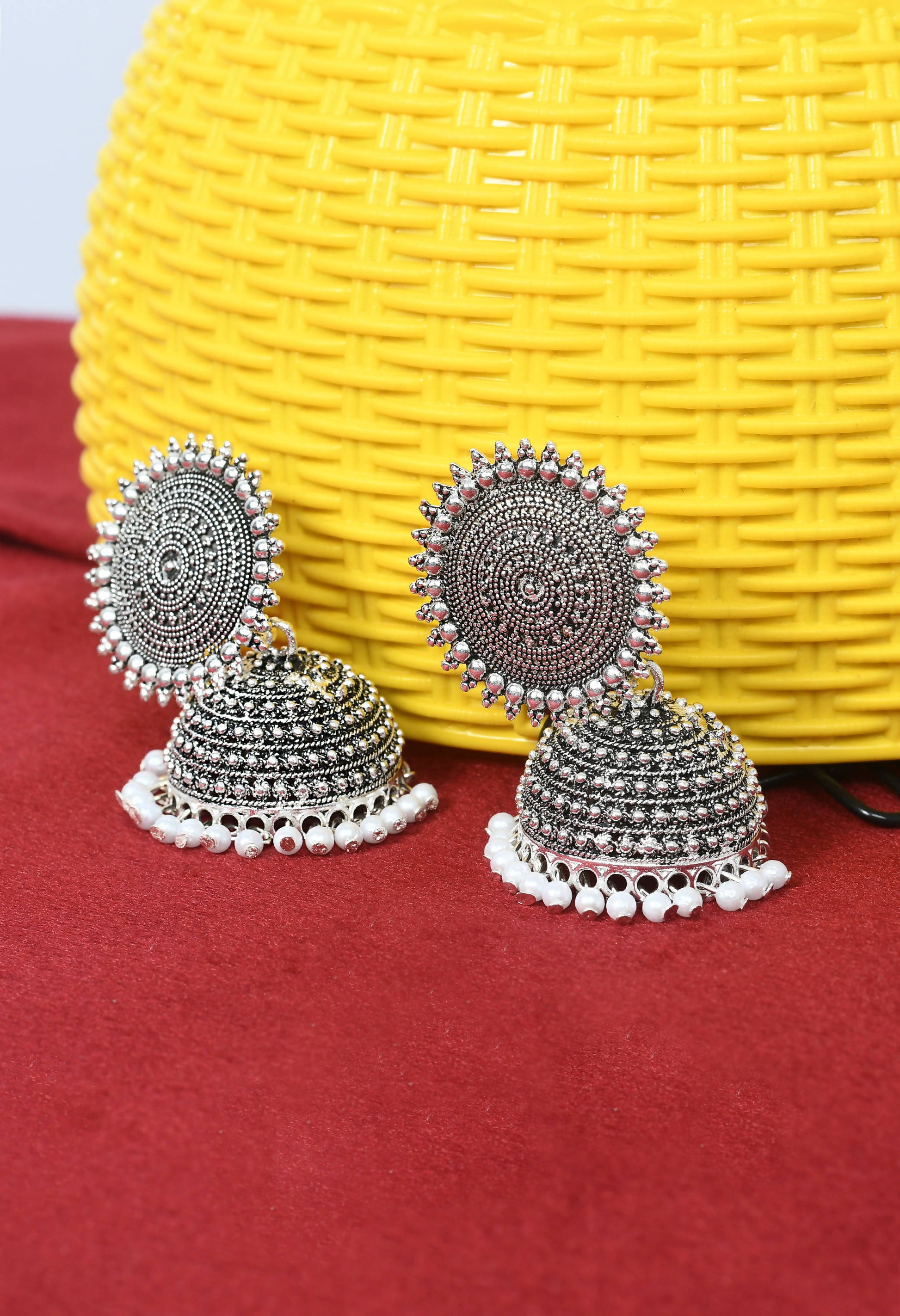 Mominos Fashion Johar Kamal Silver Color Jhumkas With White Pearls Earrings - Grab2buy