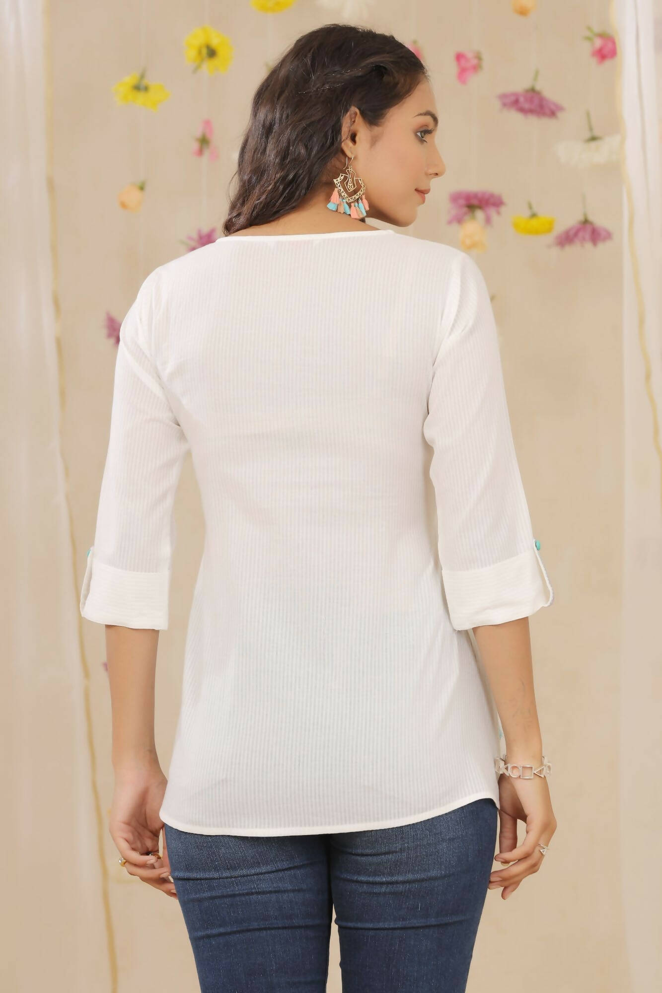 Juniper Women White Cotton Dobby Embroidered A-Line Tunic