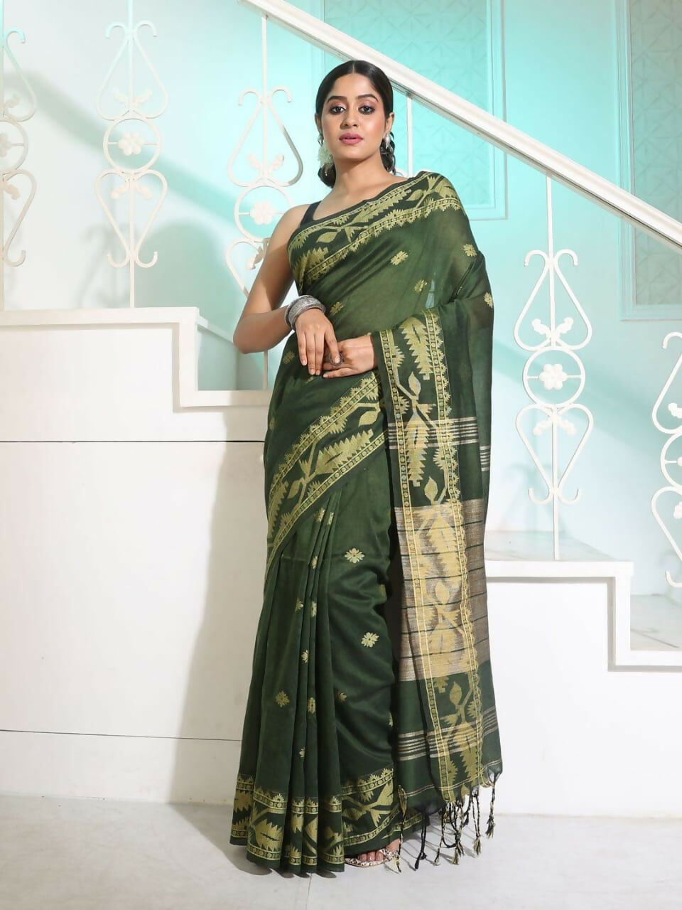 Exclusive Collection Beautiful Olive Pure Cotton Woven Handloom Grab2Buy With Running Blouse Piece 