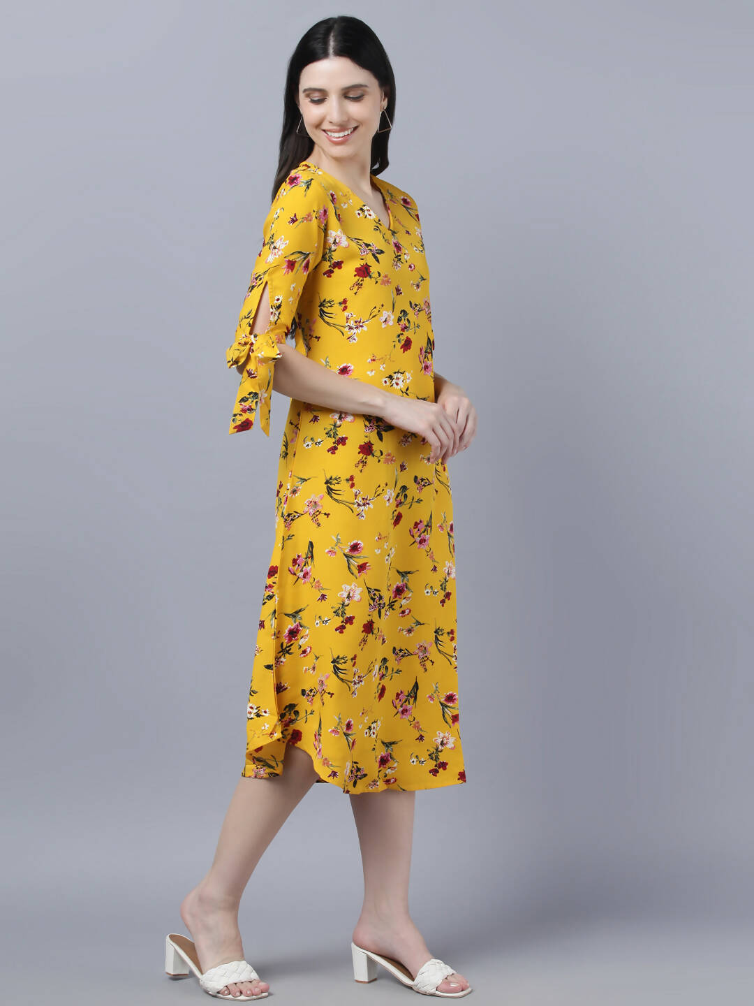 Myshka Women Yellow Floral Printed Flared Sleeves Thread Work Crepe Kurta
