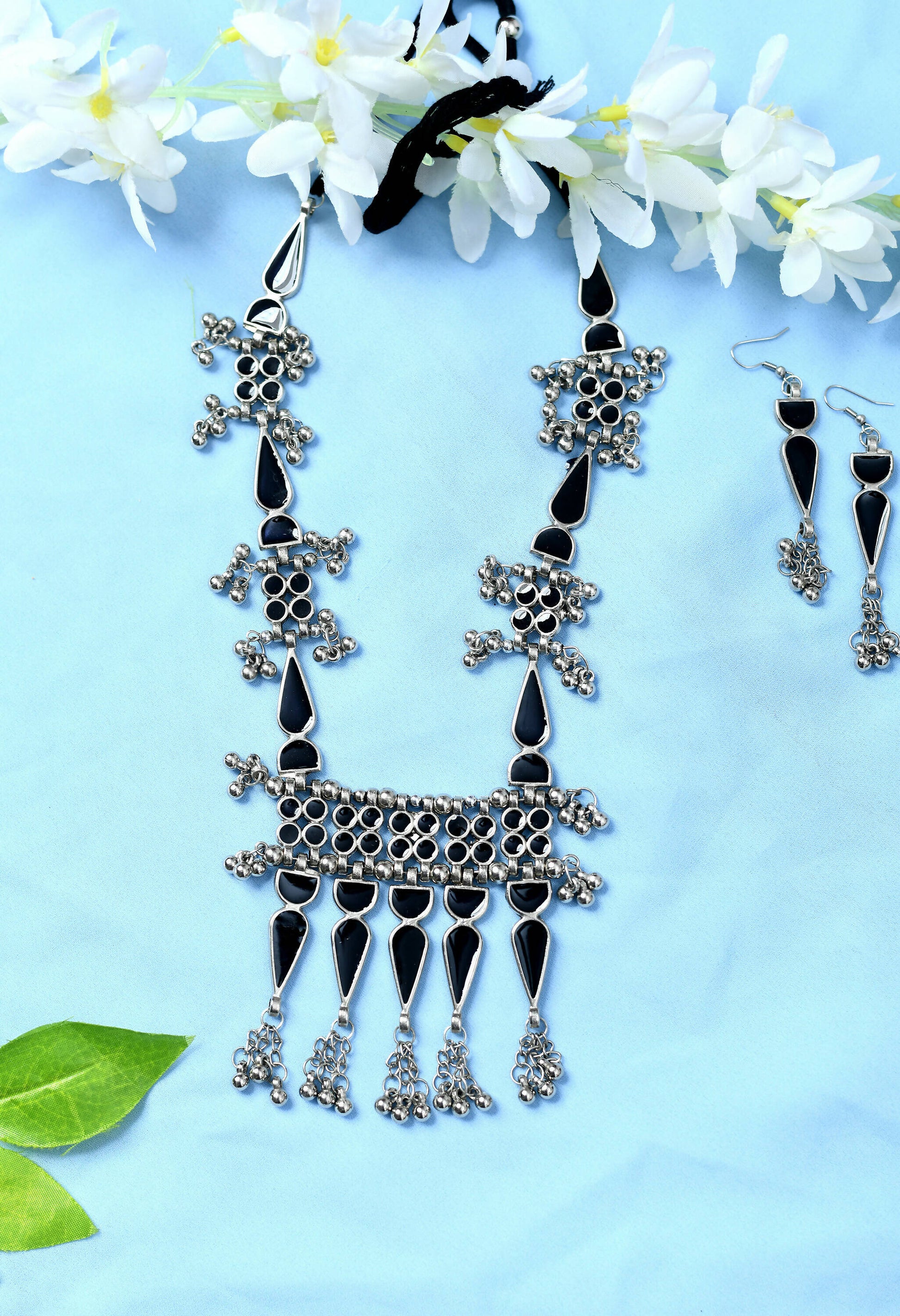 Mominos Fashion Johar Kamal Oxidised Silver-Plated Meenakari Long Necklace Set - Grab2buy