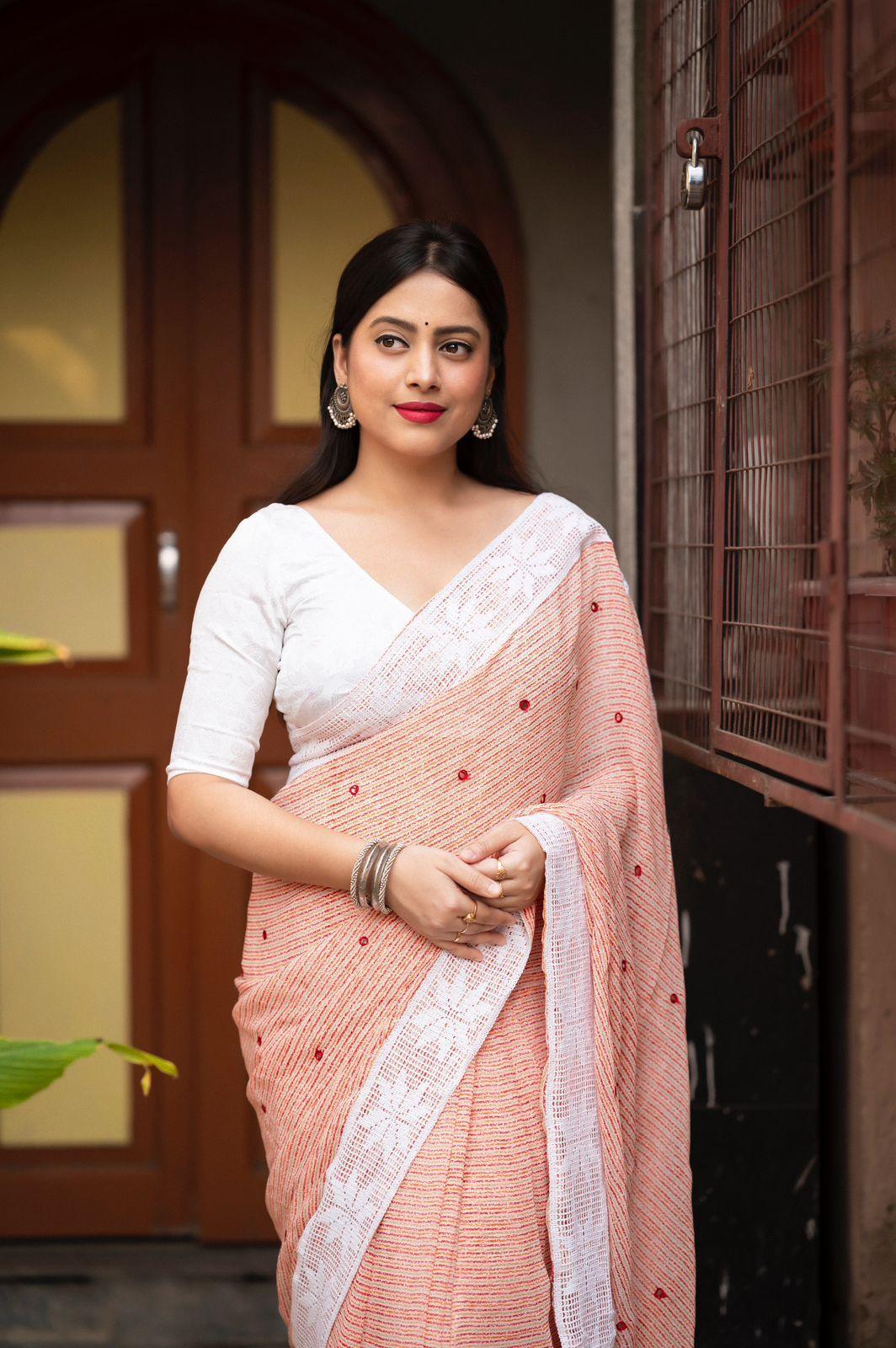 Peach Poly Georgette Ethnic Motifs Saree with Unstitched Blouse - A2M