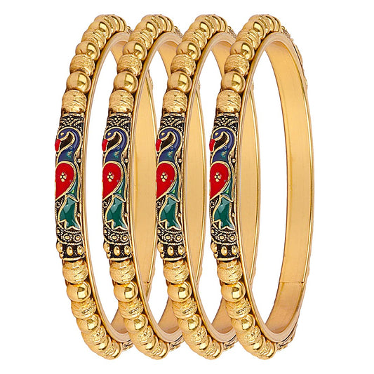 Gold-Plated Alloy Peacock Design Set Of 4 Gold Plated Bangles - The Pari - Grab2buy