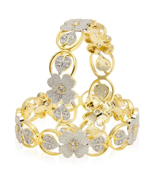 Gold-Polished Alloy Flower Design American Diamond Bangle Set - The Pari 