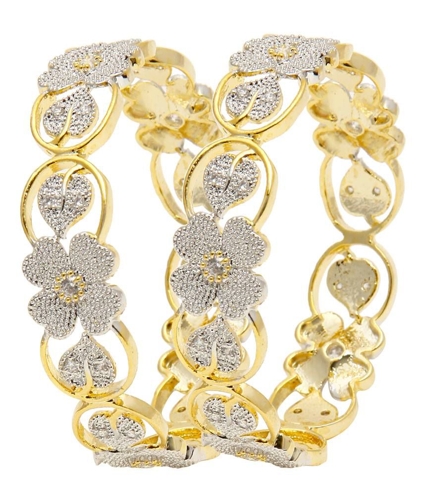 Gold-Polished Alloy Flower Design American Diamond Bangle Set - The Pari 