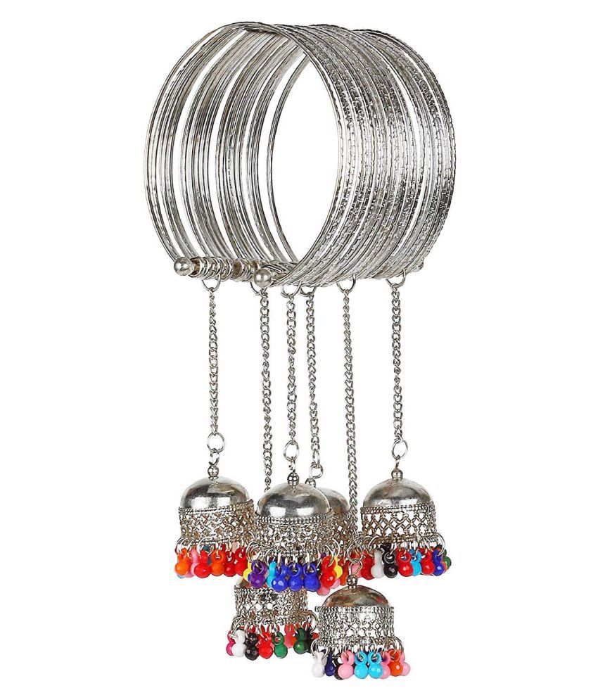 Silver-Plated Alloy Oxidised Bangle With Jhumki Hanging - The Pari 