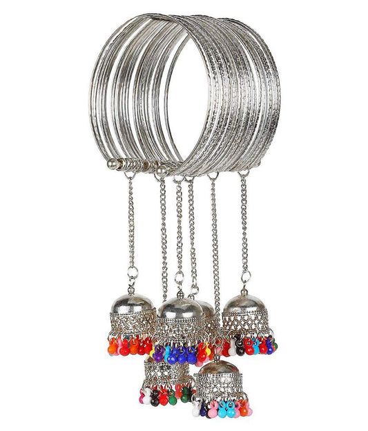 Silver-Plated Alloy Oxidised Bangle With Jhumki Hanging - The Pari 