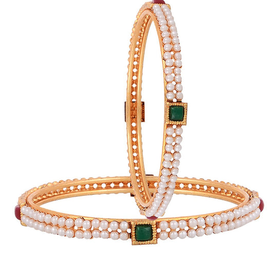 Gold-Plated Alloy Pearl Studded Multi Bangle Set - The Pari - Grab2buy