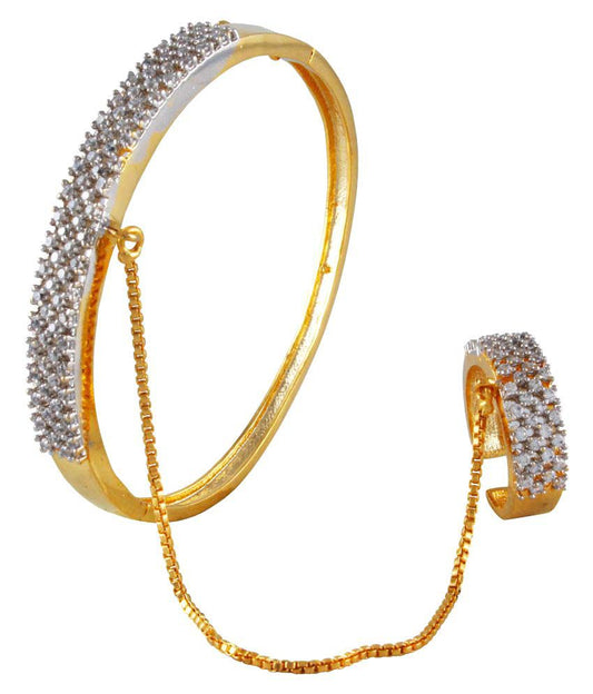 Gold-Plated Alloy American Diamond Bracelet With Ring - The Pari - Grab2buy