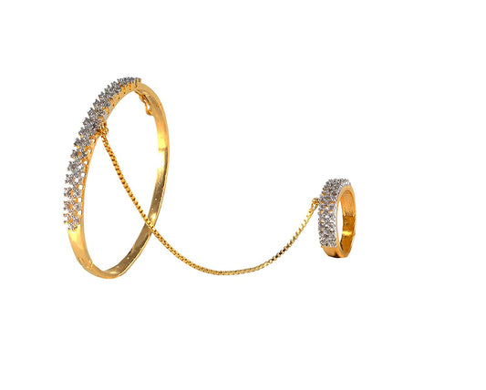 Gold-Plated Alloy American Diamond Bracelet With Ring - The Pari - Grab2buy
