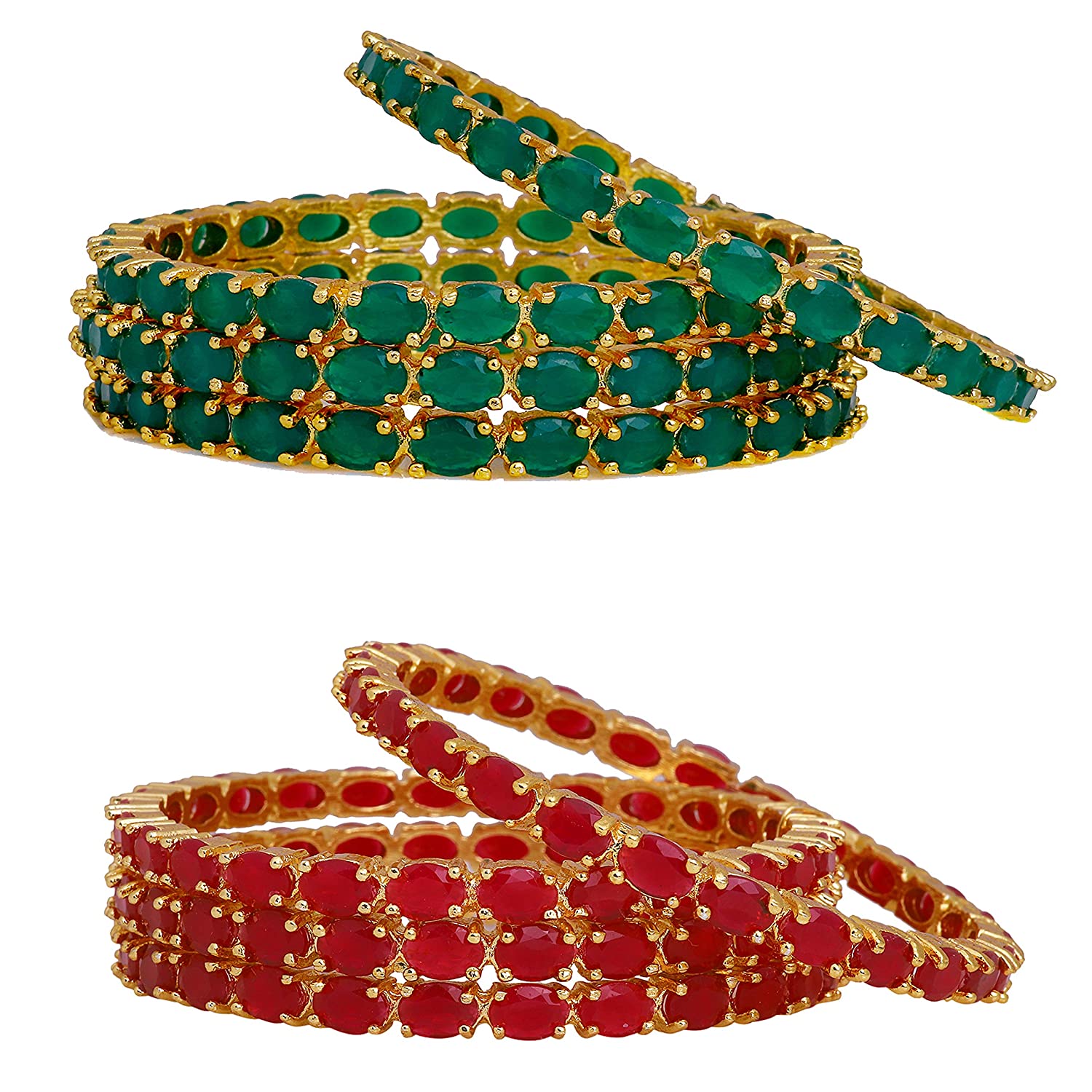 Gold-Polished Alloy Combo Of Ruby And Green Ad Bangles - The Pari 