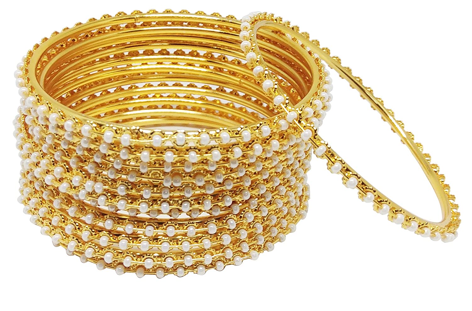 Gold-Polished Alloy Set Of 12 Thin White Bead Bangles - The Pari 