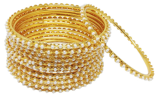 Gold-Polished Alloy Set Of 12 Thin White Bead Bangles - The Pari 
