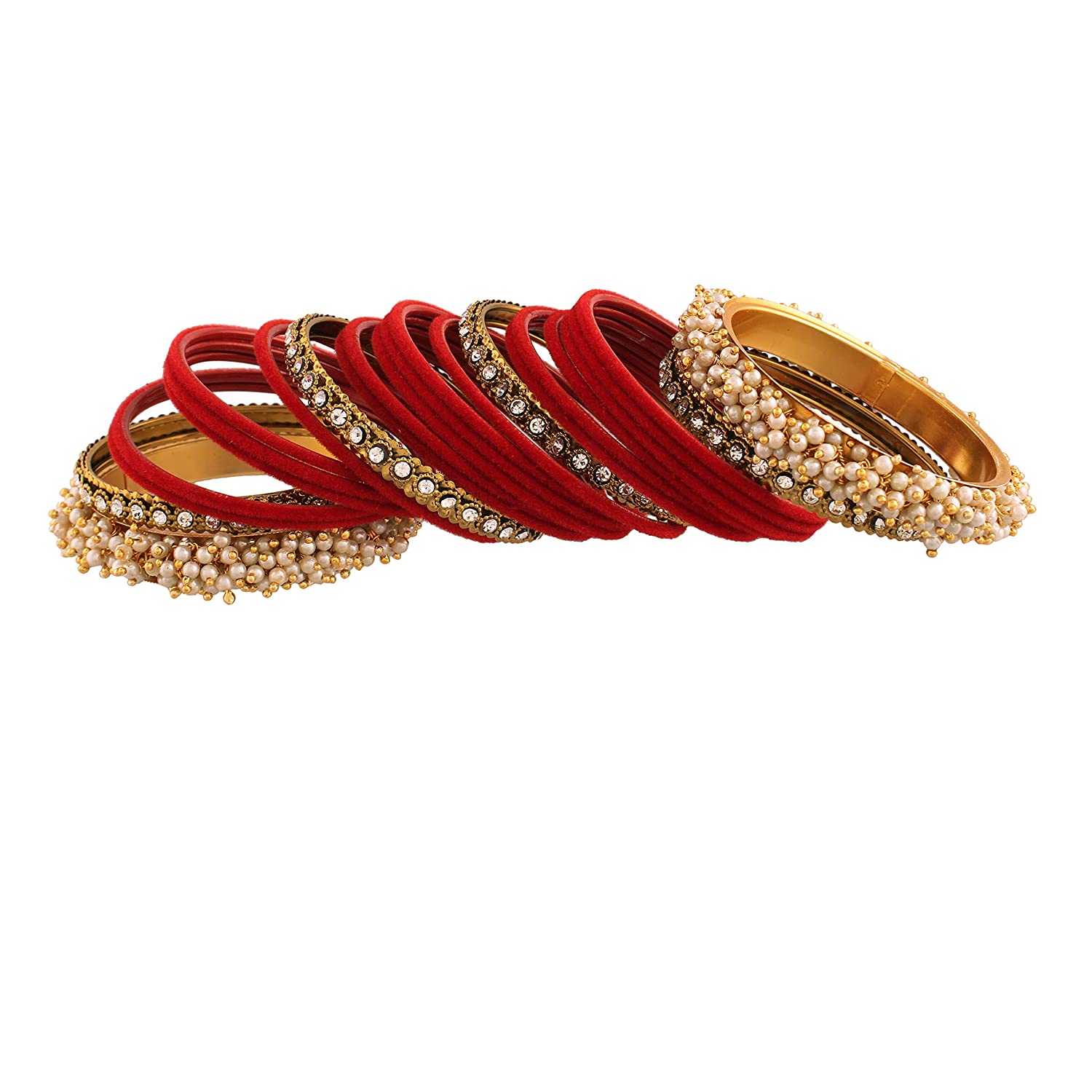 Gold-Polished Alloy Red Velvet Bangle Set With Pearl Bangle - The Pari 