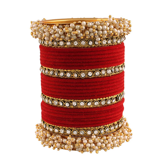 Gold-Polished Alloy Red Velvet Bangle Set With Pearl Bangle - The Pari 
