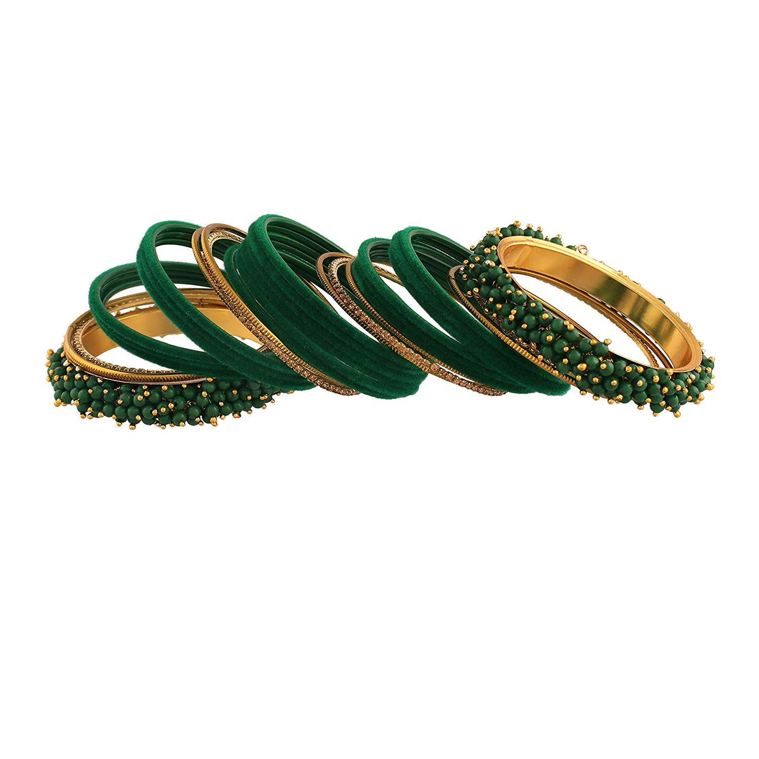 Gold-Polished Alloy Designer Green Velvet Bangle Set - The Pari 