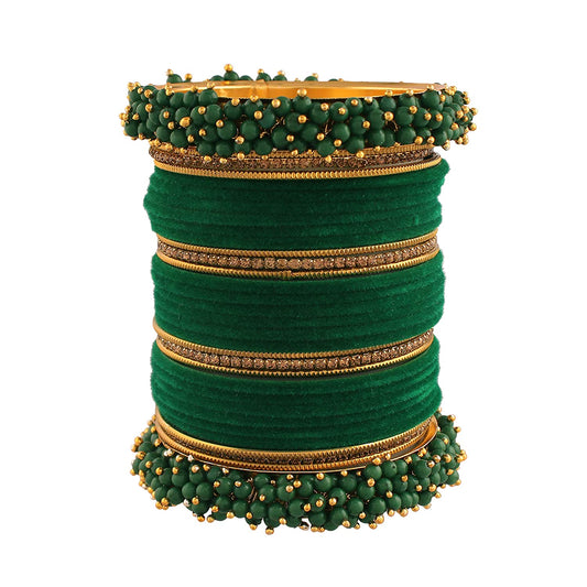 Gold-Polished Alloy Designer Green Velvet Bangle Set - The Pari 