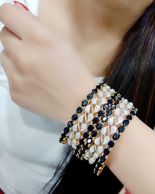 Gold-Polished Alloy American Diamond Combo Of Black & Silver Bangles - The Pari 