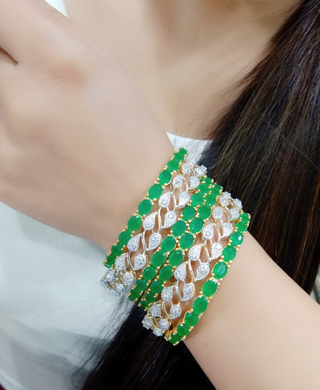 Gold-Polished Alloy American Diamond Combo Of Green & Silver Bangles - The Pari | Grab2Buy