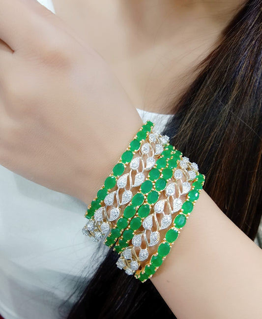 Gold-Polished Alloy American Diamond Combo Of Green & Silver Bangles - The Pari 
