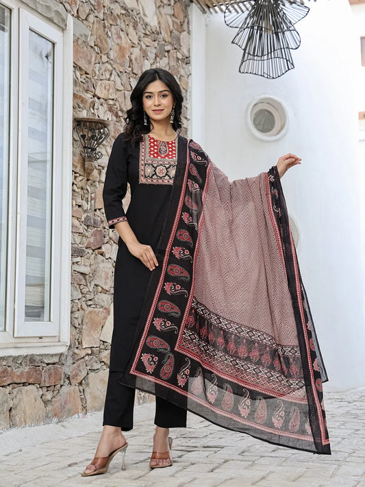 Yufta Black Cotton Sequins Work Straight Kurta Set