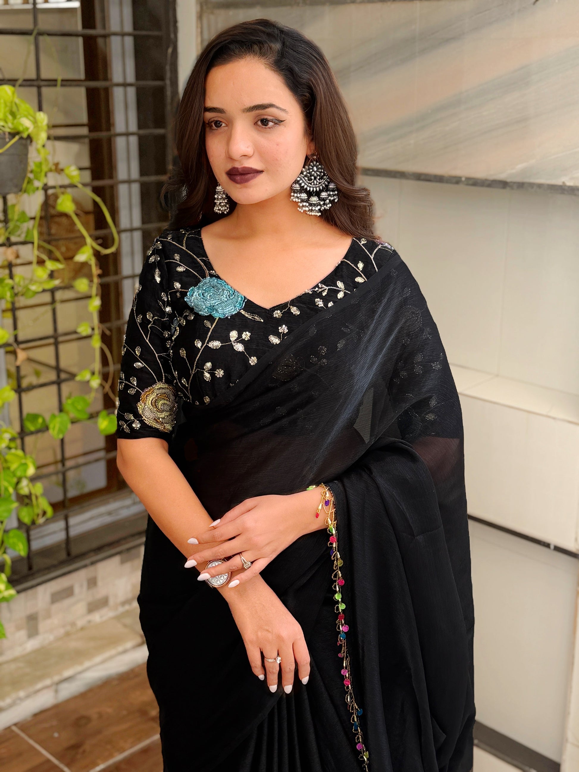 Evanik Soft Fandy Chiffon Beads Embroidered Work Party Wear Saree With Blouse