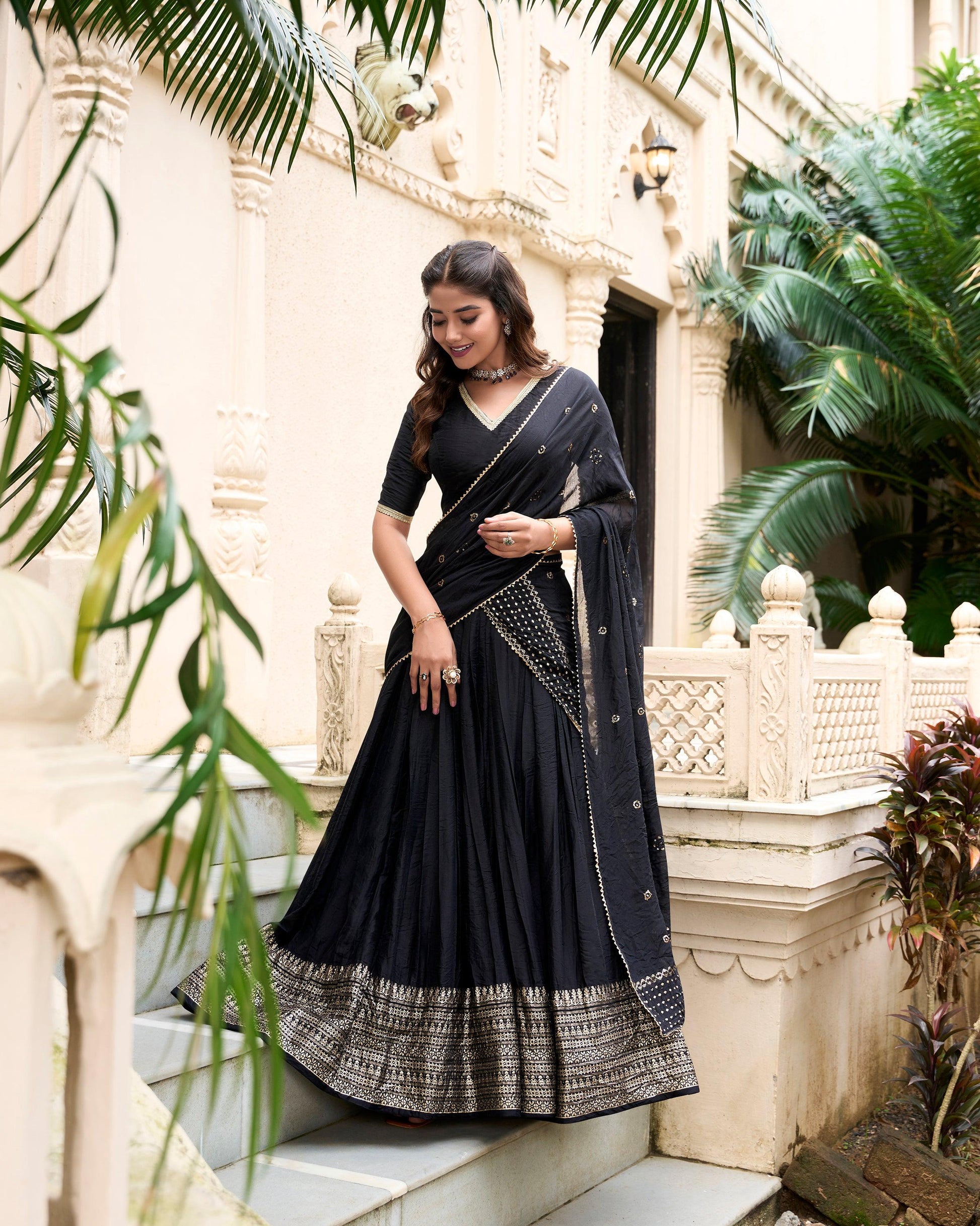 Evanik Women Pure Chanderi Plain With Zari Weaving Work Border Stitched Lehenga With Unstitched Blouse Dupatta(Up to 42)
