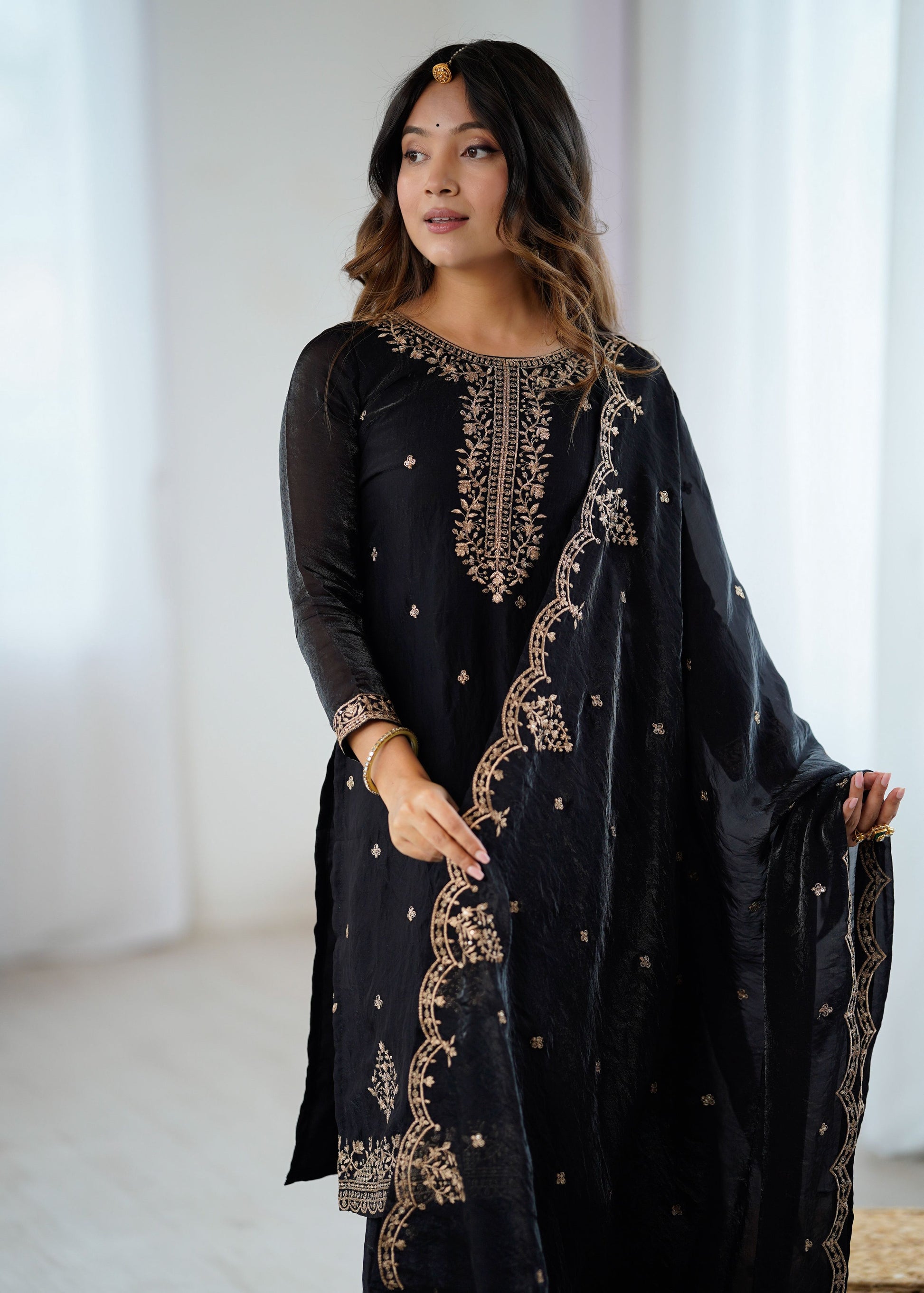 Evanik Black Pure Crunchy Silk With Sequence Embroidered Work Sharara Set