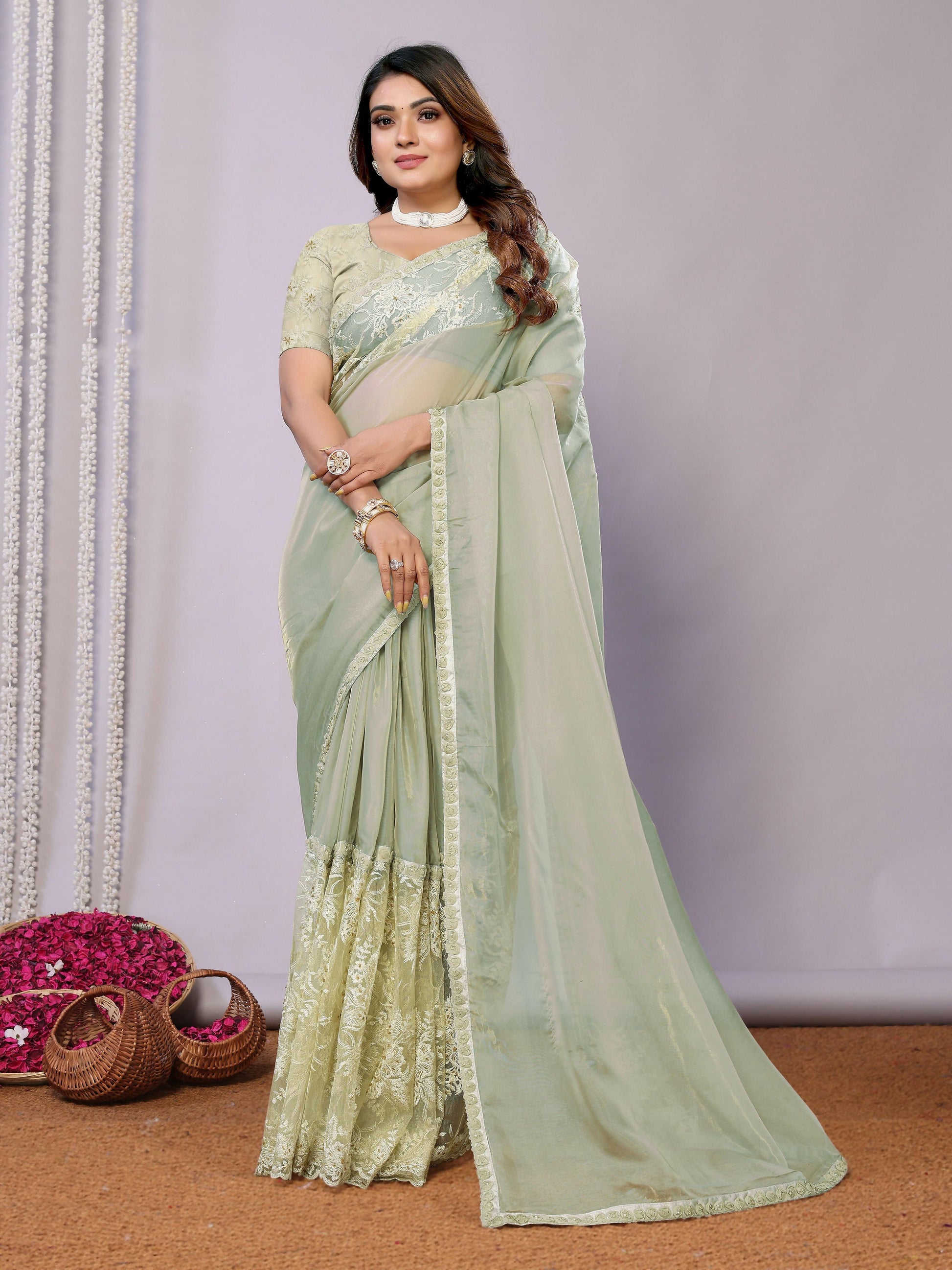 Green Glass Tissue,Net Embroidered Saree With Stitched Blouse - Nimaya Kaksha