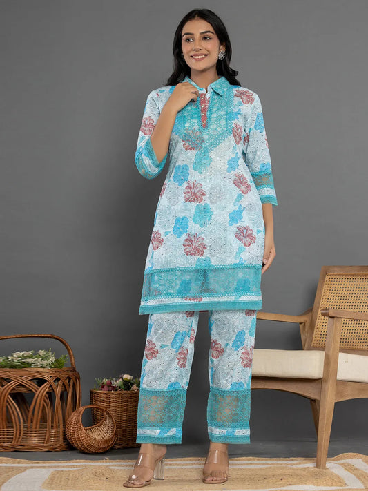 Yufta Blue Cotton Schiffli Co-Ord Set With Lace Detailing 