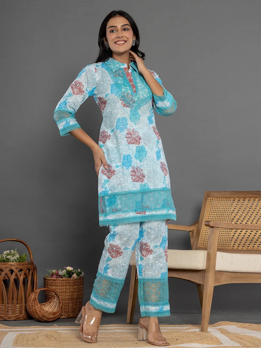 Yufta Blue Cotton Schiffli Co-Ord Set With Lace Detailing 