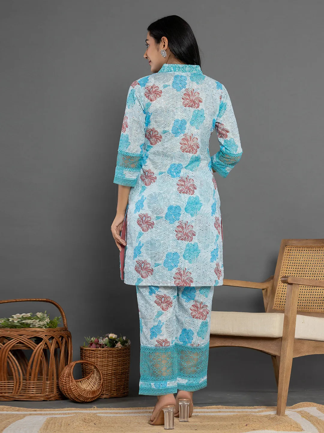 Yufta Blue Cotton Schiffli Co-Ord Set With Lace Detailing 
