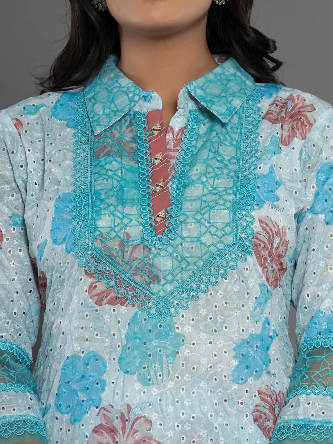 Yufta Blue Cotton Schiffli Co-Ord Set With Lace Detailing 