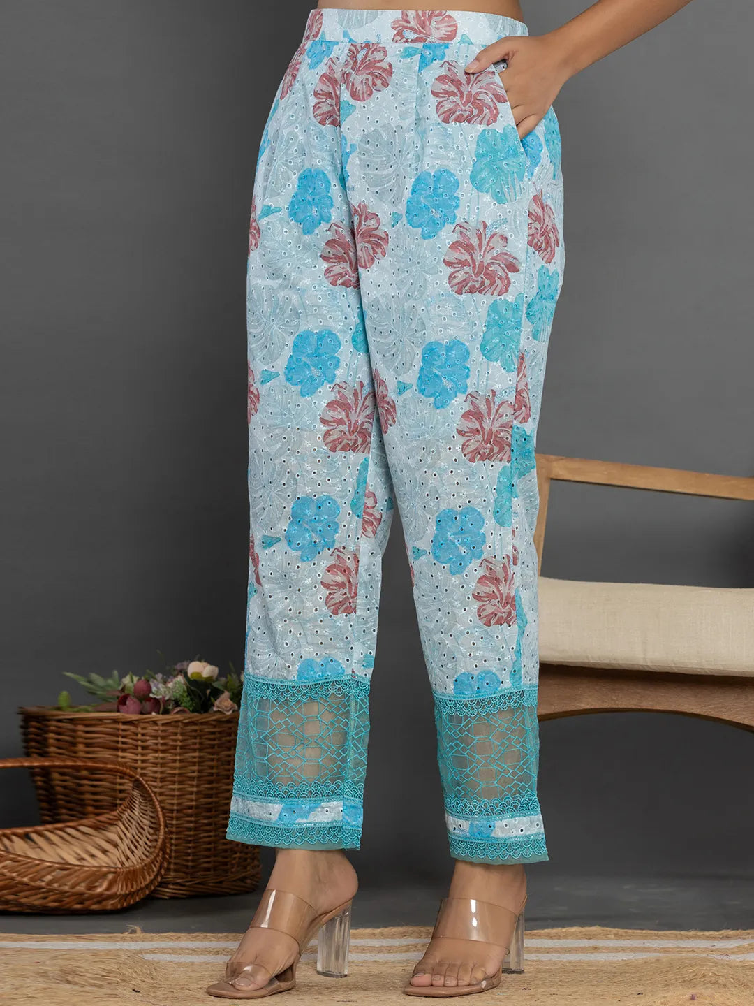 Yufta Blue Cotton Schiffli Co-Ord Set With Lace Detailing 