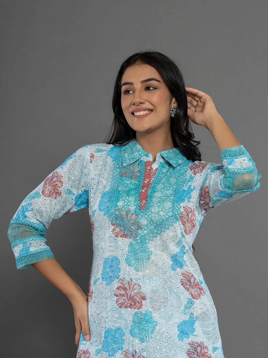 Yufta Blue Cotton Schiffli Co-Ord Set With Lace Detailing 