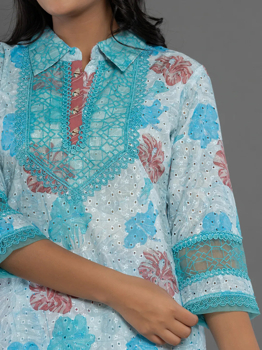 Yufta Blue Cotton Schiffli Co-Ord Set With Lace Detailing 