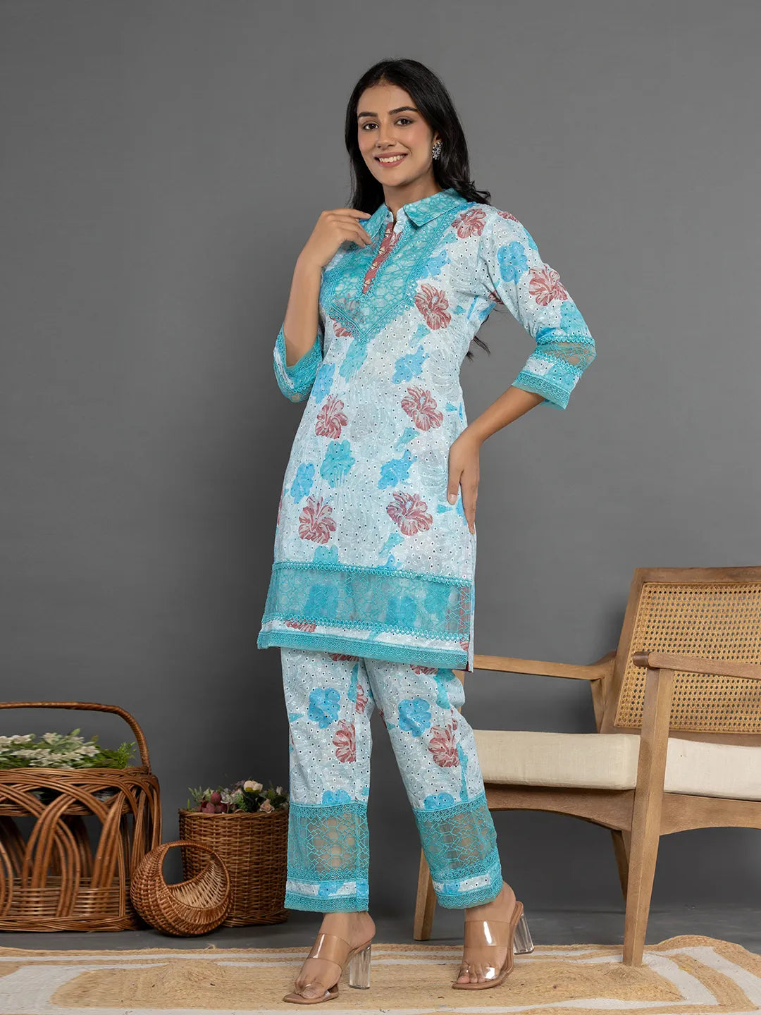 Yufta Blue Cotton Schiffli Co-Ord Set With Lace Detailing 