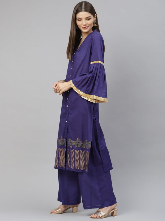 NOZ2TOZ Blue Ethnic Motifs Printed Regular Pure Cotton Kurta With Palazzos & With Dupatta - Grab2buy