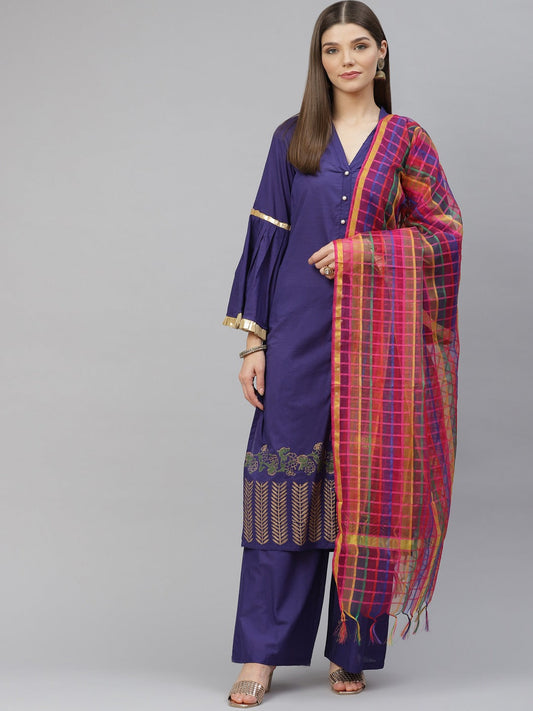 NOZ2TOZ Blue Ethnic Motifs Printed Regular Pure Cotton Kurta With Palazzos & With Dupatta - Grab2buy
