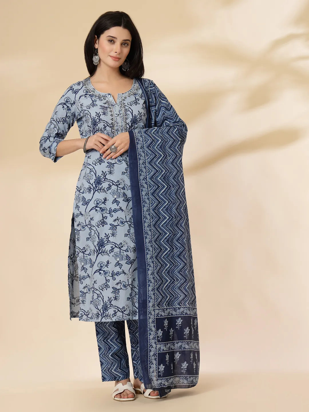 Yufta Blue Floral Sequins-Work Pure Cotton Kurta Dupatta Pant Set