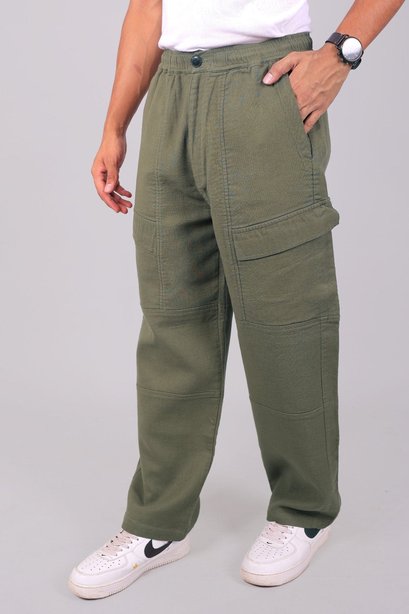 Bluebird Men's Cotton Cargo Pants Loose Fit Army Green 