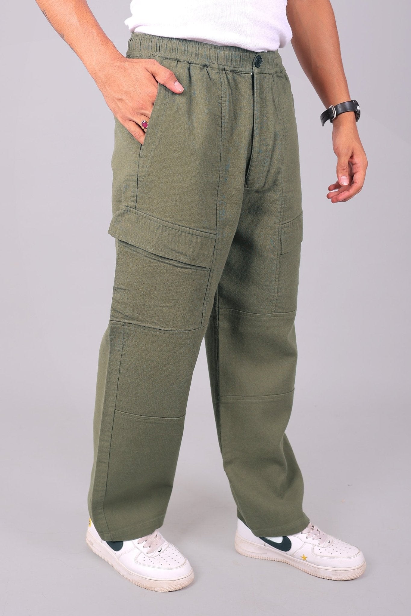Bluebird Men's Cotton Cargo Pants Loose Fit Army Green 