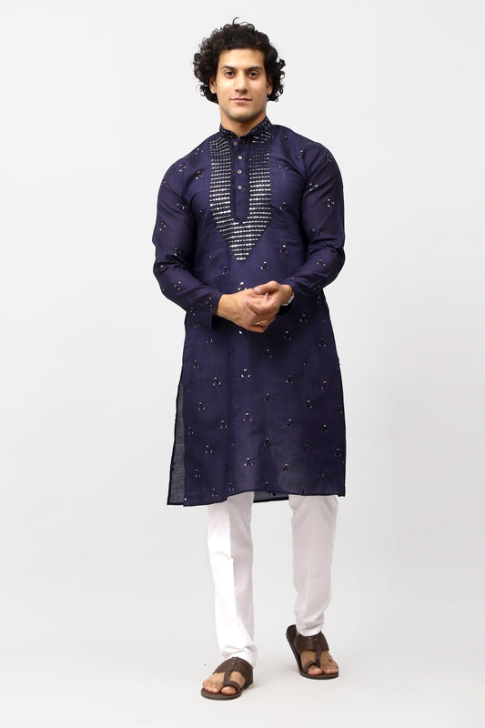 Bluesaanchi Men's Navy Blue Kurta Set with Embroidery Motif | Swadesiicart